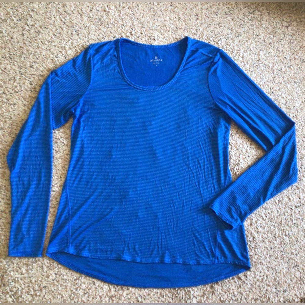 Athleta Chi Long Sleeve Top L Large Blue Shadow Stripe Unstinkable Tee Shirt UPF